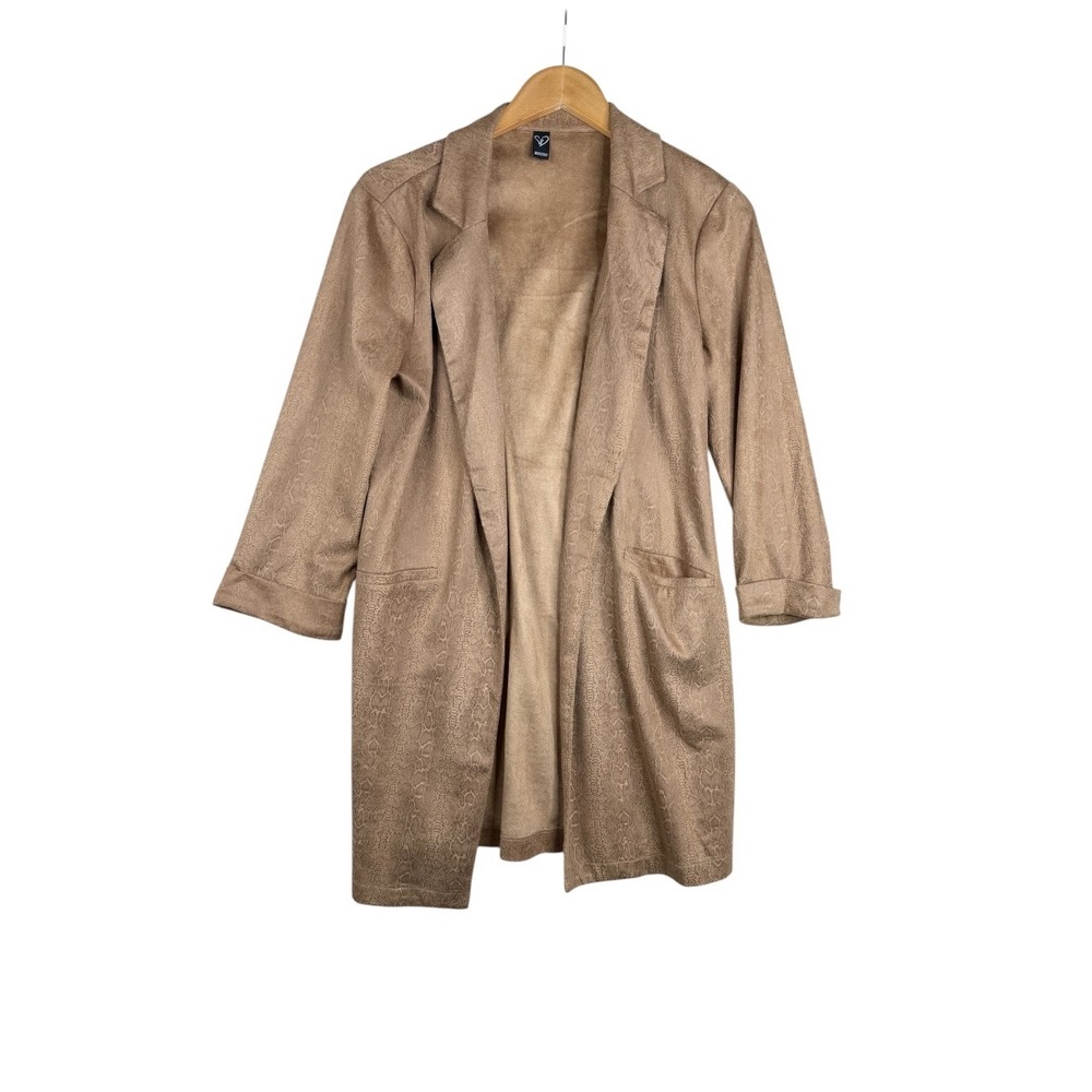 Windsor Tan Faux Suede Snakeskin Open Front Longline Blazer Jacket Large H4382